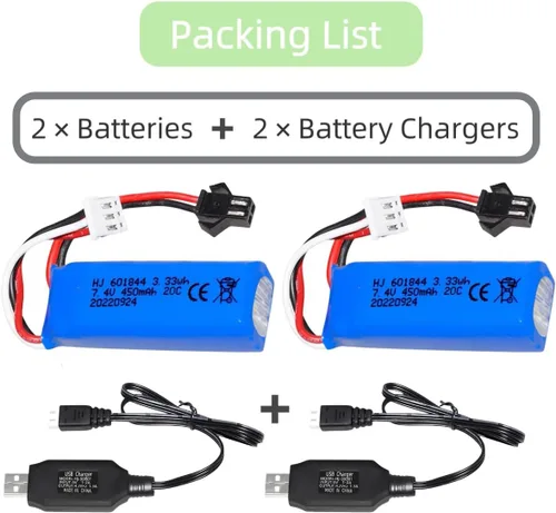 Miniatura 3 de Paquete de 2 baterías de iones de litio de 7.4 V 450 mAh 20C RC para WLtoys K969 K979 K989 K999 P929 P939 RC Car RC Boat con junta SM-2P y cable