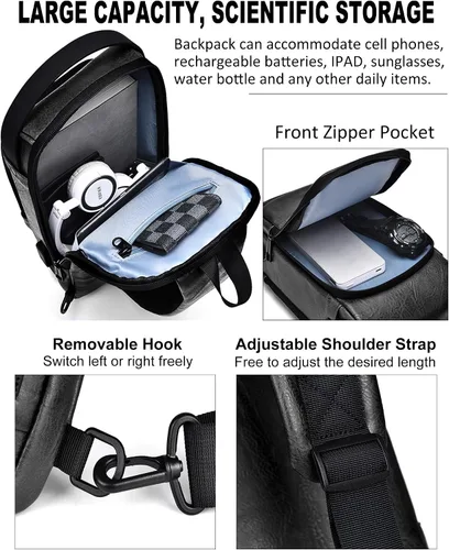 Miniatura 3 de Geanbun Bolso bandolera antirrobo para hombre, bandolera de piel sintética a la moda, mochila USB para el pecho para viajes