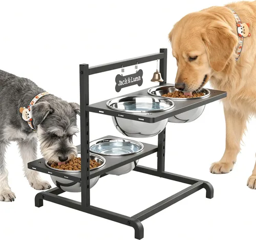 Miniatura 9 de Cuencos Elevados para Perros Grandes, Soporte Elevable Ajustable a 6 Alturas con Alfombrilla, Cuenco de Alimentación Lenta y Tres Cuencos de 1700ML