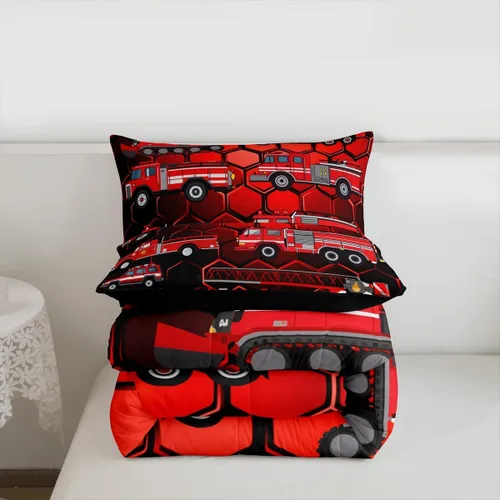 Miniatura 7 de Erosebridal Juego de edredón de camión de bomberos para niños, juego de ropa de cama de panal rojo brillante con diseño de panal de abeja