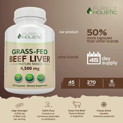 Miniatura 2 de Cápsulas de hígado de res alimentadas con pasto 750 mg por cápsula Apoyo energético Suplemento de hígado de res criado en pastos, sin hormonas