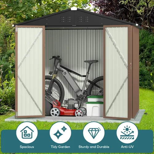 Miniatura 3 de Gizoon Cobertizo de almacenamiento para exteriores de 8 x 6 pies, cobertizo de jardín de metal galvanizado con puertas dobles con cerradura, Marrón