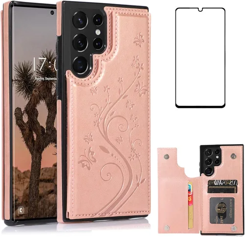 Asuwish Funda para Samsung Galaxy S22 Ultra con protector de pantalla de vidrio templado, funda tipo cartera con soporte para tarjetas, doble cierre