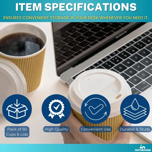 Miniatura 8 de Tazas de café desechables con tapas, tazas de papel de 10 onzas, pared ondulada aislada, paquete de 50