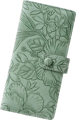 Unilily Cartera delgada para mujer, con bloqueo RFID, de piel vegana, plegable, tarjetero con 2 ventanas de identificación y bolsillo con Verde
