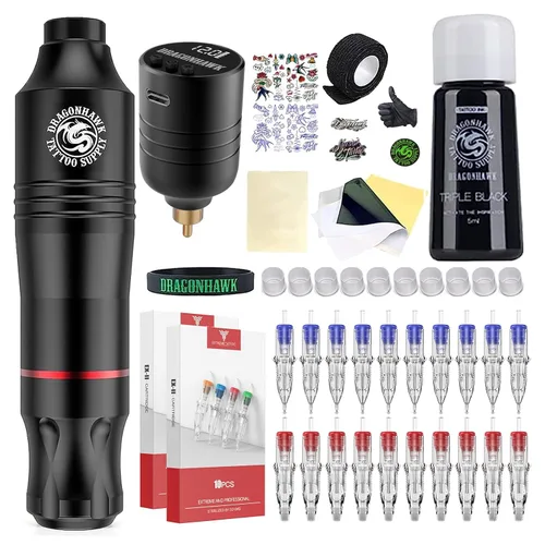Kit de pistola de tatuaje inalámbrica Dragonhawk Atom - Kit completo de tatuaje para principiantes con 20 agujas de cartucho, fuente de alimentación