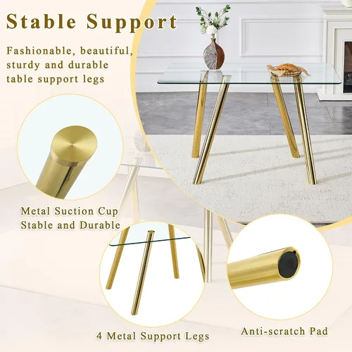 Miniatura 5 de Mesa de comedor de cristal de 51 pulgadas, mesa de comedor para 4-6, mesa de cocina dorada con patas de metal superior de vidrio templado