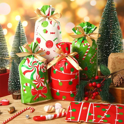 Miniatura 4 de Funrous Bolsas de Favor con Cordón de Navidad Bolsas de Plástico para Dulces y Golosinas de Navidad para Niños Cumpleaños Envoltorio de Aperitivos