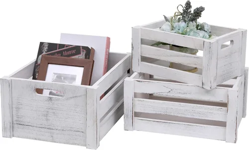 Miniatura 7 de Juego de 3 cajas de madera anidables, pequeñas cajas de almacenamiento de madera rústica con asas, contenedores organizadores compactos apilables