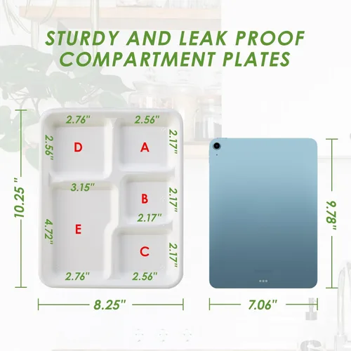 Miniatura 5 de Vplus Platos 100% compostables con 5 compartimentos, paquete de 125 platos ecológicos desechables de caña de azúcar de 10 x 8 pulgadas, bandeja
