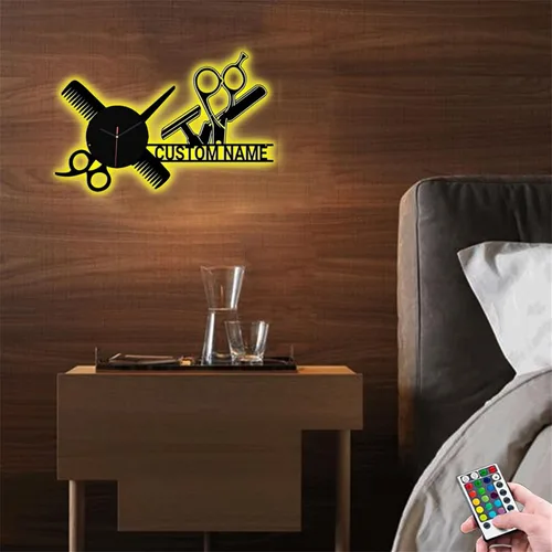 Miniatura 5 de Reloj de pared personalizado con nombre de barbería, herramienta de peluquería, reloj de madera para dormitorio, sala de estar, cocina, reloj