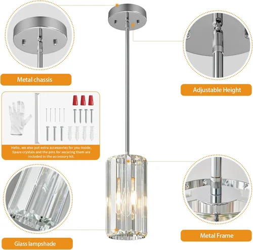 Miniatura 5 de Iluminación colgante de cromo, lámpara colgante moderna, mini candelabros de cristal, lámpara colgante ajustable para cocina, isla, comedor