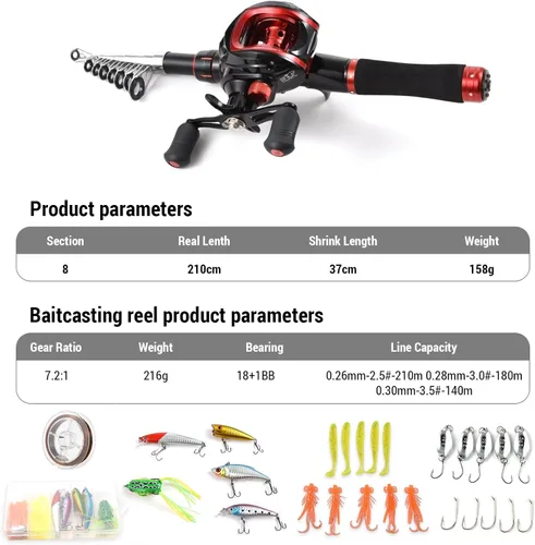 Miniatura 3 de LIXADA Combo de caña de pescar y carrete con señuelos de pesca para adultos, caña de pescar telescópica de 6.89 pies con carrete de cebo 18+1BB mano