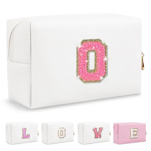 Miniatura 419 de Pequeña bolsa de maquillaje personalizada con inicial A-Z Preppy Patch, bolsa de cosméticos de viaje de felpilla blanca con cremallera, bonita bolsa