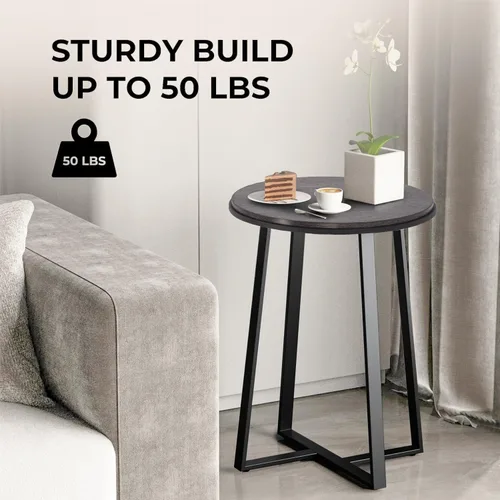 Miniatura 5 de Mesa auxiliar redonda Dorriss, mesa lateral pequeña de color gris con tapa de MDF, estructura metálica negra, mesa auxiliar alta para dormitorio