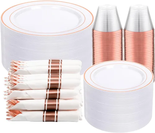 Miniatura 30 de Juego de vajilla de 350 piezas de color oro rosa de DaYammi – Incluye: 50 platos de cena de 26 cm, 50 platos de postre de 19 cm, 50 cubiertos de oro