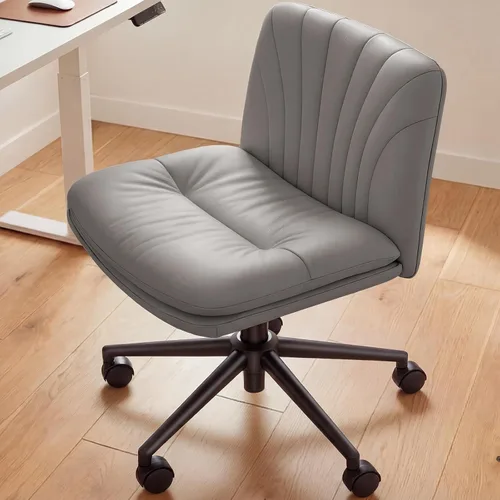 Marsail Silla de escritorio sin brazos con ruedas: Silla amplia de cuero sintético con piernas cruzadas, silla giratoria ajustable y cómoda para Gris