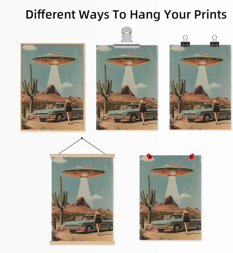 Miniatura 5 de Lienzo de paisaje del desierto para pared, póster de platillo volador, imagen retro de los años 70, estilo de los años 70, arte de pared vintage