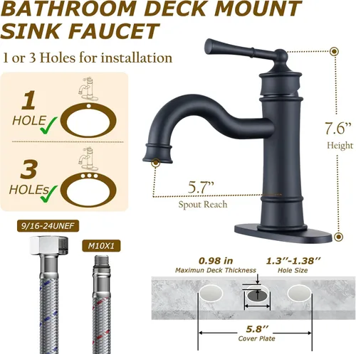 Miniatura 6 de Grifo de baño estilo romano de lavabo negro mate de un solo agujero con montaje en cubierta, drenaje emergente con placa de cubierta y Mate negro