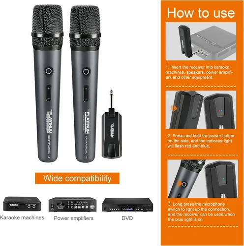 Miniatura 5 de El micrófono inalámbrico platino para entrada de micrófono UHF Metal Dynamic Handheld Micrófono multiusos con receptor recargable Rango de 160 pies