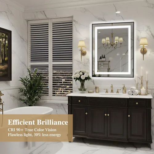 Miniatura 2 de Espejo de baño LED de 24 x 32 pulgadas con luces, espejo de tocador de baño con marco negro con luz frontal + retroiluminación para pared, vidrio