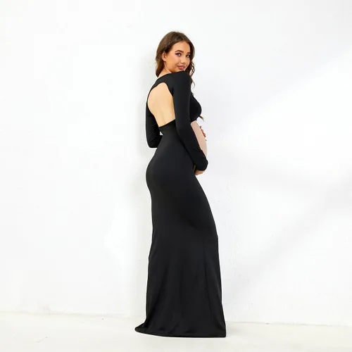 Miniatura 8 de AIFOTO Vestido de maternidad sexy expuesto vientre de manga larga sin espalda cuello cuadrado recortado vestidos de fotografía vestidos de sesión