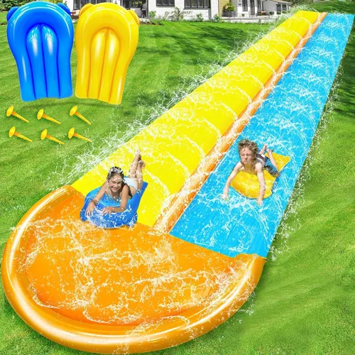 Miniatura 7 de Valla segura de 3 caras: toboganes de agua de césped de sandía con 2 tablas de bodyboards para niños y adultos, juguetes de agua resistentes