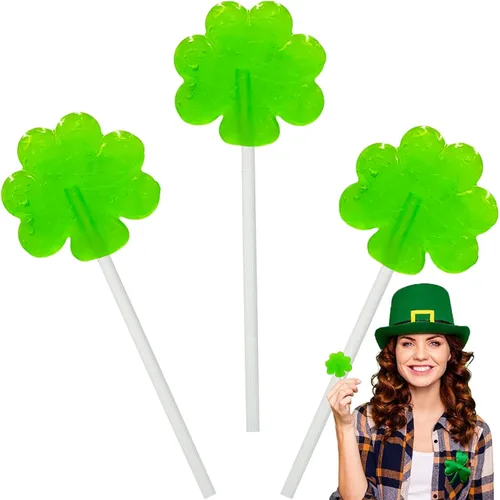 Día de San Patricio 25 paletas de trébol verde, chupones de dulces de trébol, recuerdo de fiesta, envueltas individualmente (paquete de 25) sabor