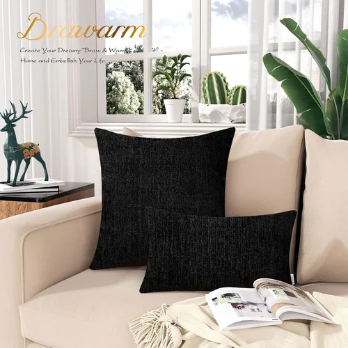 Miniatura 3 de BRAWARM Fundas de almohada 40x40 cm - Paquete de 2 fundas de almohada de chenilla negra, fundas de almohada de chenilla suave teñida sólida