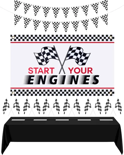 Juego de decoración de fiesta de auto de carreras, 1 telón de fondo de Start Your Engines, 1 mantel de carreras, banderas a cuadros blancos y negros