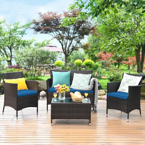 Miniatura 20 de Juego de sofá de patio de 4 piezas, juego de conversación de mimbre con respaldo ergonómico curvo, juego de muebles de ratán para patio con cojín