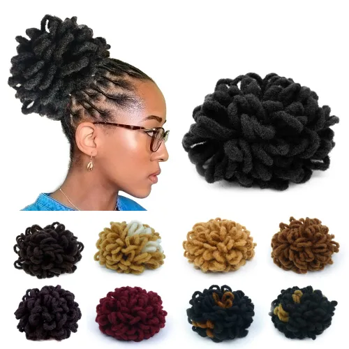 Miniatura 16 de Moños de Cola de Caballo con Cordón Negro Marrón Loc para Mujeres Negras Moño Rizado de Pétalo Loc Cola de Caballo de Rastas Trenzas Faux Locs Moño
