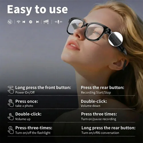 Miniatura 4 de Gafas inteligentes con cámara, gafas de sol Bluetooth AI, traducción/control de voz/reproducción de música para viajes, conferencias y vlogging