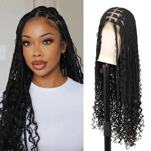 Miniatura 12 de Pelucas trenzadas Fecihor para mujeres, pelucas delanteras de encaje sin nudos con cabello de bebé, trenza tipo "box", 13x8 pulgadas, pelucas