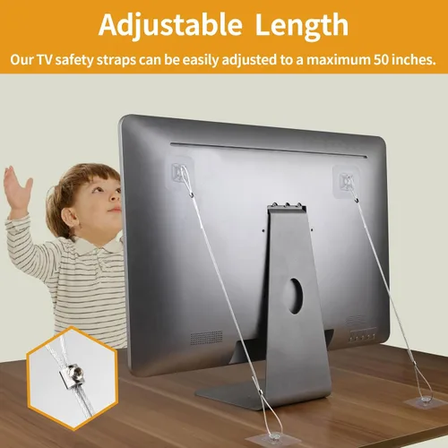 Miniatura 2 de Paquete de 10 correas ajustables de seguridad de acero inoxidable para TV, sin taladro, adhesivas, anti-punta, anclajes para muebles a prueba