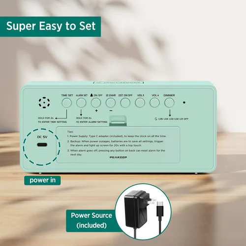 Miniatura 7 de Peakeep Reloj digital, reloj despertador alimentado por batería para dormitorios, esfera de espejo, números grandes, 6 atenuadores para personas