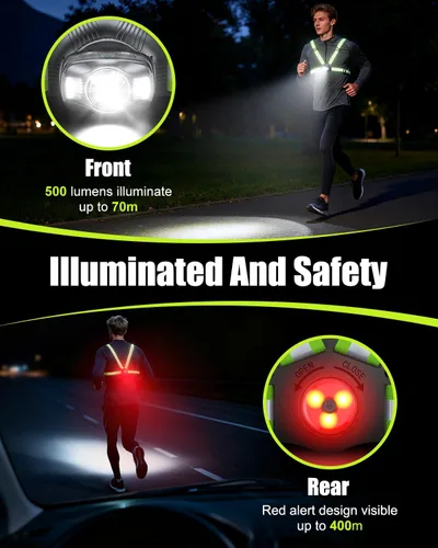 Miniatura 2 de Luces de Correr para Corredores, Luz de Correr de 500 Lúmenes con Luz de Alerta Roja Trasera, Haz Ajustable de 45° e Impermeable IPX4, Chaleco