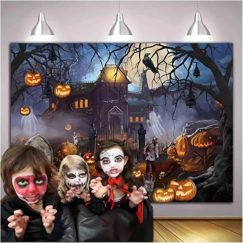 Miniatura 2 de Telón de fondo temático de Halloween para fotografía, castillo de fantasmas, luna, noche aterradora, calabaza, farol, cuervo, fondo para fotos