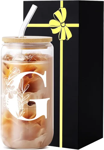 Miniatura 12 de Vaso de vidrio con monograma con tapa, pajita, idea de regalo de moda para amantes del café para mujeres y adolescentes, regalo personalizado