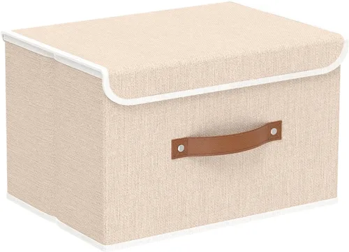 Yawinhe SNK024BEN-1 Cajas de almacenamiento plegables, cestas apilables de tela de lino, contenedor con tapa y asa de cuero, lavable, para el hogar,