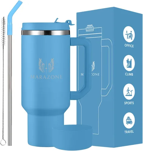 Miniatura 13 de MARAZONE Vaso aislado de 40 onzas con asa y pajilla – Taza de acero inoxidable de doble pared al vacío que cabe en portavasos de automóvil, taza