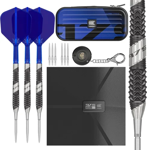 Target Darts 975 Ultra Marine - Juego de dardos con punta de acero de tungsteno 97.5%, dardos de punta suiza con vuelo y eje integrados K-Flex -