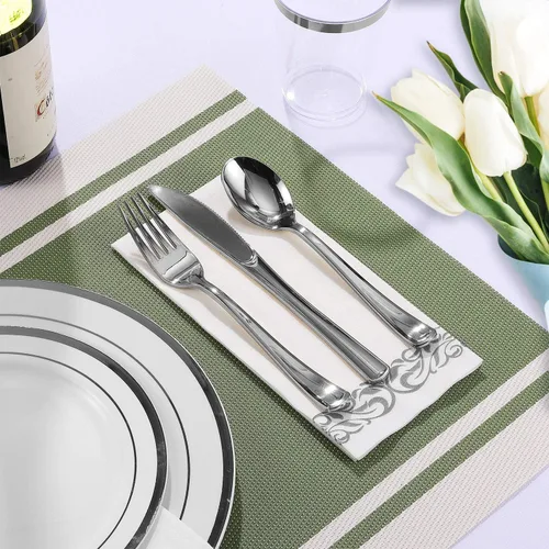 Miniatura 6 de FOCUSLINE Juego de vajilla plateada de 175 unidades para 25 invitados, platos de plástico desechables con borde plateado resistente, incluye 25