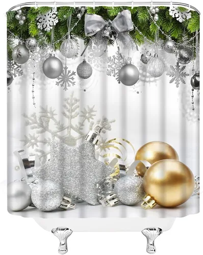 Miniatura 3 de Cortina de ducha de Navidad, bola dorada y plateada, copo de nieve, festival de vacaciones de invierno, feliz año nuevo, tela decorativa de Navidad