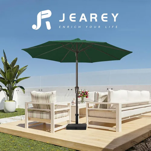 Miniatura 4 de JEAREY Sombrilla de mesa de patio al aire libre de 9 pies con botón de inclinación y manivela, sombrilla de mercado, 8 varillas resistentes, Verde