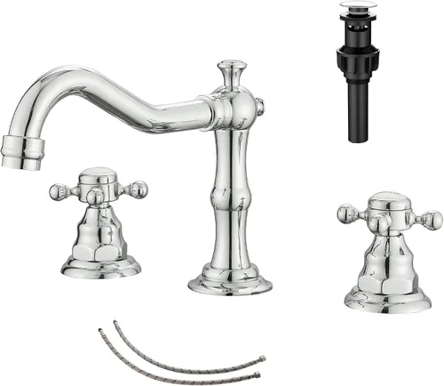 Miniatura 15 de Grifo de 2 manijas para lavabo de baño de tres agujeros, grifo de lavabo extendido, latón antiguo, grifo mezclador con manguera de suministro