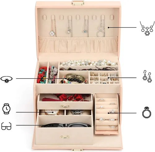 Miniatura 3 de FEISCON Joyero organizador de reloj estuche grande para joyas gafas de sol caja de almacenamiento de cuero organizador de aretes rosa