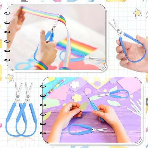 Miniatura 5 de Honoson Paquete de 10 tijeras de bucle para niños con agarre de 5.5 pulgadas, autoapertura, adaptativas, para necesidades especiales, mini tijeras