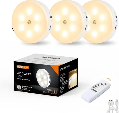 Luces de disco con control remoto, iluminación recargable de 1000mAh para debajo del gabinete, juego de 3 luces LED para armario con encendido