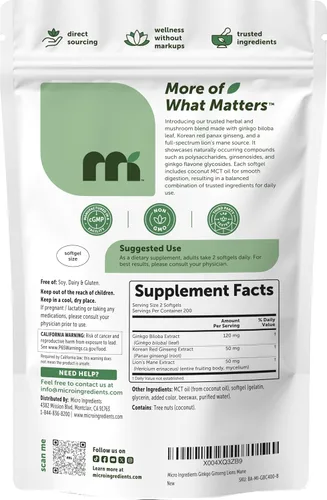 Miniatura 7 de Micro Ingredients Ginkgo Biloba y Ginseng, 400 cápsulas blandas Suministro para 6 meses Suplemento de triple fuerza de ginko biloba y melena